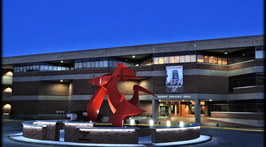 The College of Business and Big Red at night